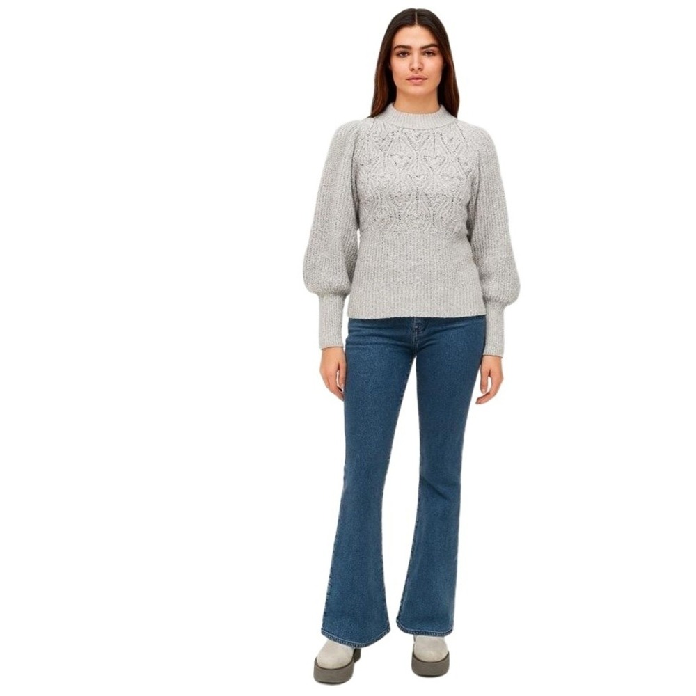 A‎ New Day Sweater Womens Medium Grey Cable Knit Long Puff Sleeve High Neck